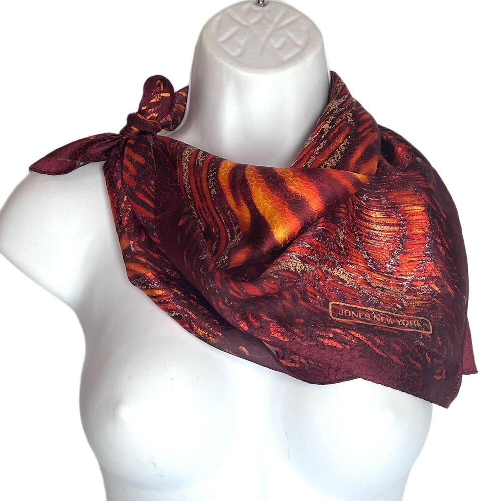 Jones New York Silk Scarf Burgundy Orange Brown Abstract Sheer Stripes - Picture 3 of 5